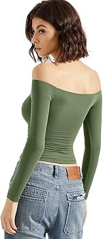 SUUKSESS Women Off Shoulder Double Lined Long Sleeve Shirts Basic Going Out Tops | Amazon (US)