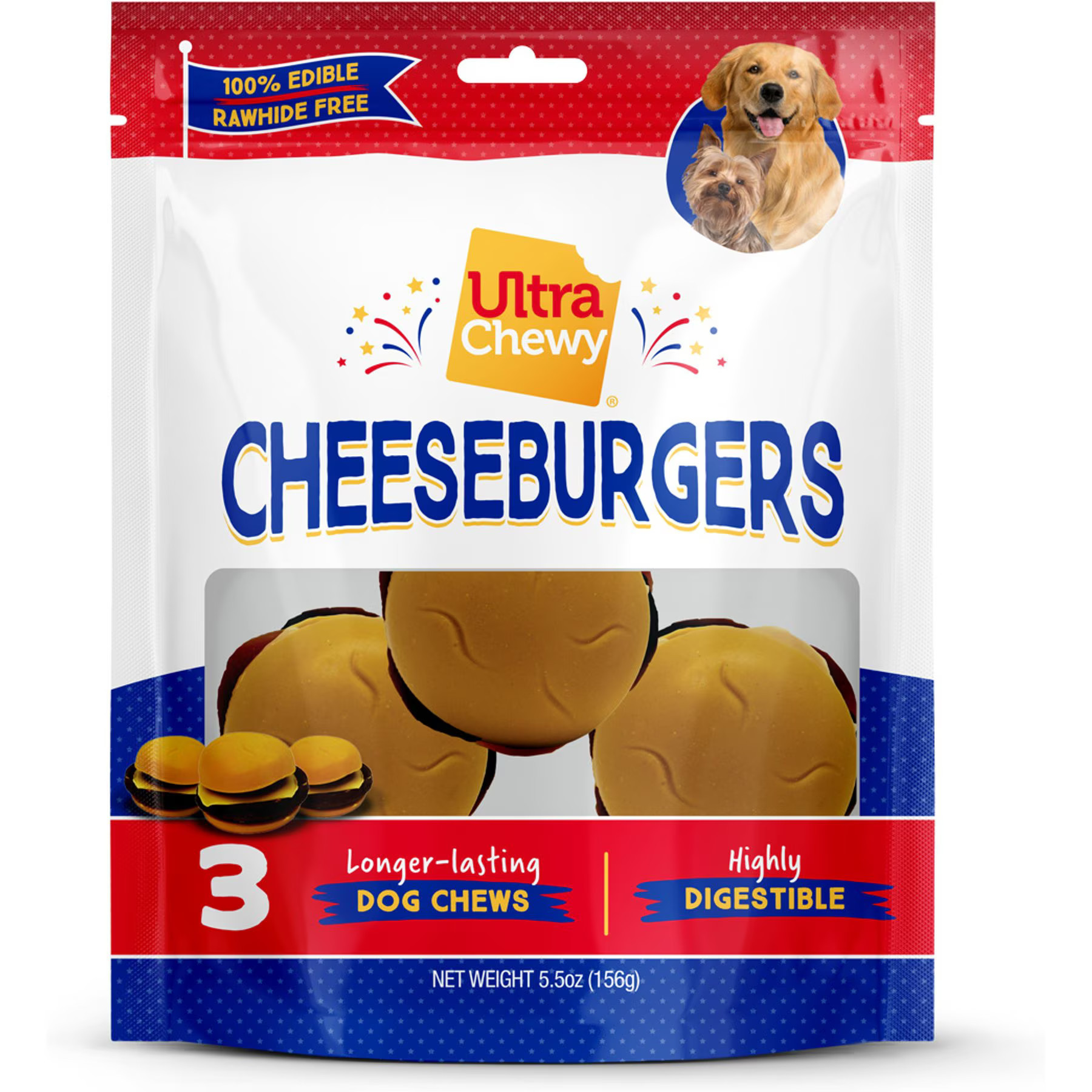 Ultra Chewy Cheeseburger Long-Lasting Dog Chew Treats, 5.5-oz bag, 2 count | Chewy