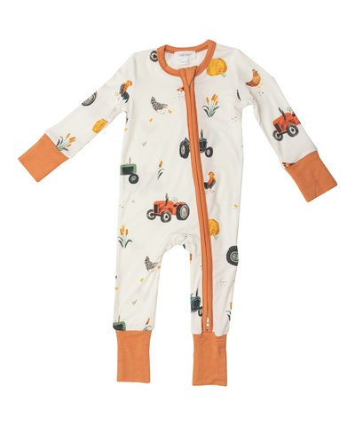 Orange & Cream Tractors Two-Way Zip-Up Playsuit - Newborn & Infant | Zulily