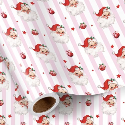 RUSPEPA Christmas Santa Wrapping Paper Roll, Mini Roll, Cute Santa Claus, Red Ornament and Star Design, Pink Striped Holiday Gift Wrap for Girls, Christmas Party, 17 Inches x 16.4 Feet | Amazon (US)