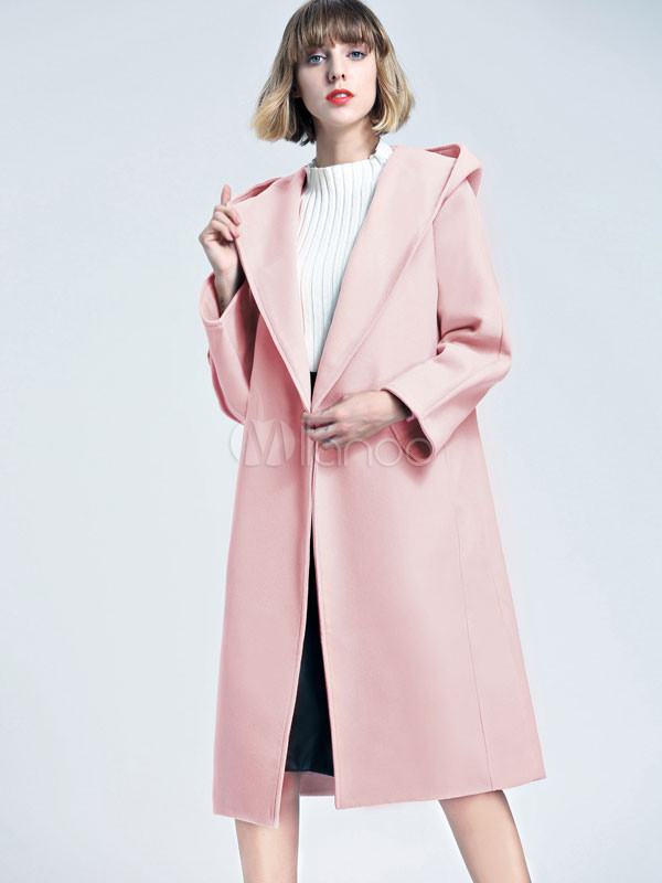 Pink Pea Coat Hooded Long Sleeve Split Women's Wool Winter Coats | Milanoo
