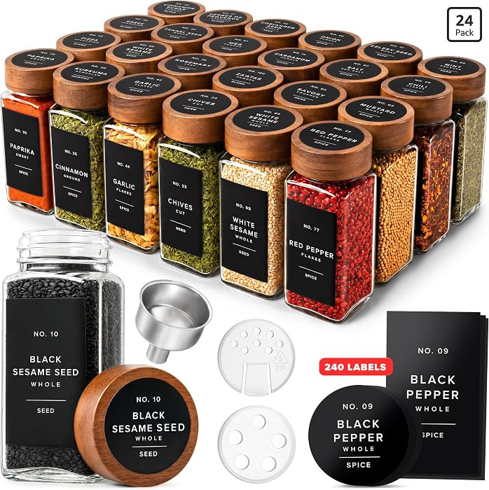 Glass Spice Jars with Label, 24x Acacia Wooden Lids - Black Labels | Amazon (US)