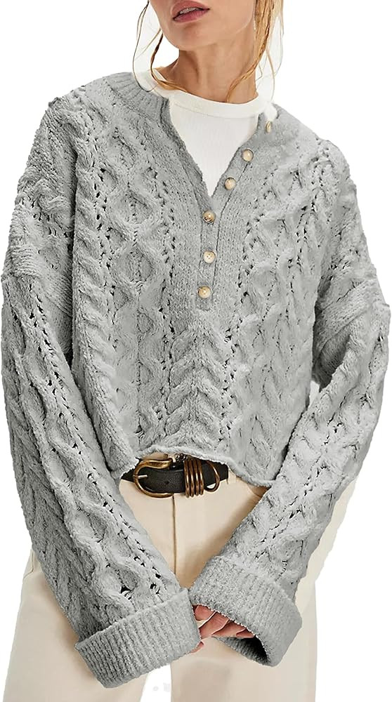 Women's Chunky Cable Knit Sweater Casual Long Sleeve Crewneck Crochet Pullover Boho Fall Winter T... | Amazon (US)