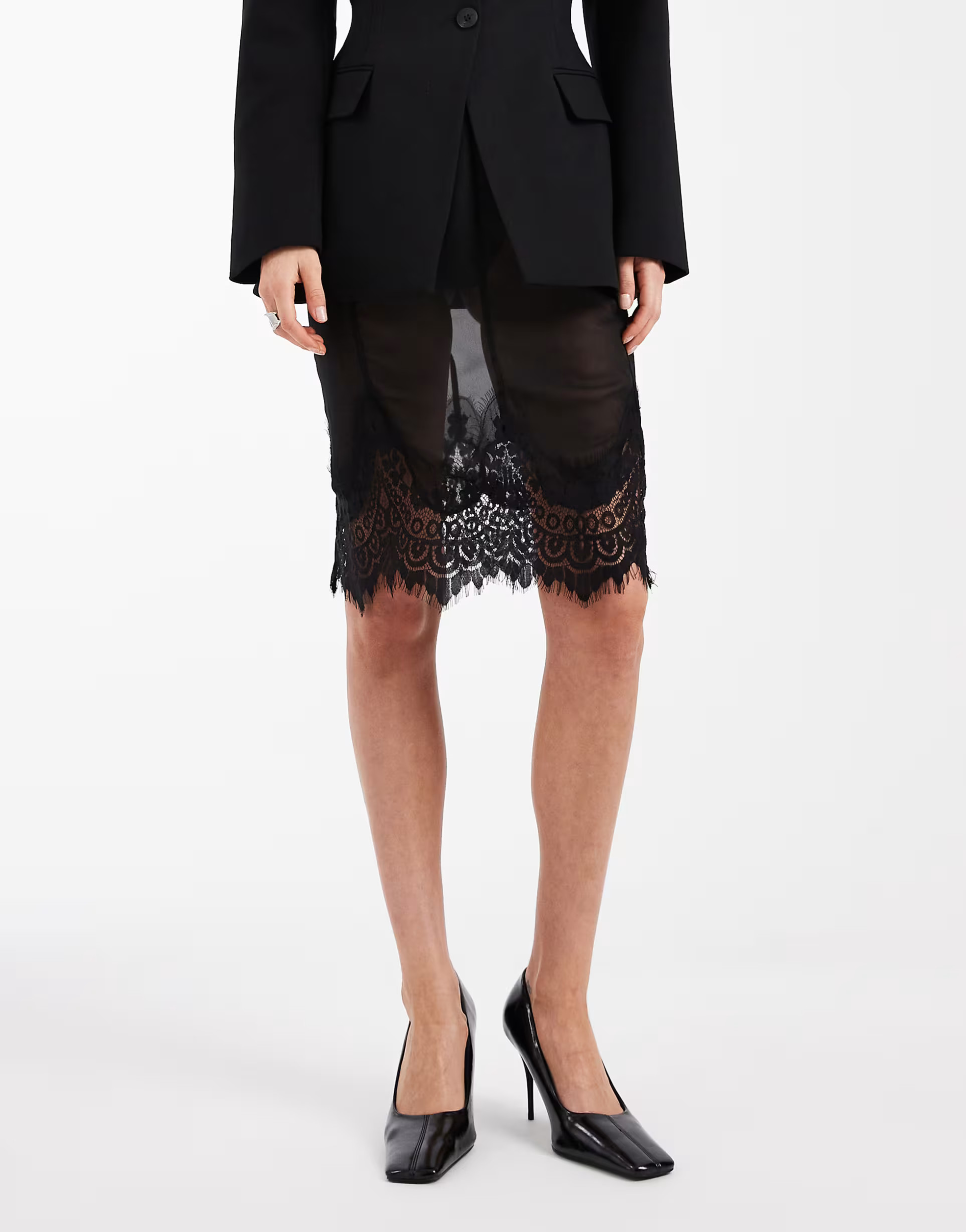 ASOS DESIGN chiffon sheer lace trim midi skirt in black | ASOS (Global)