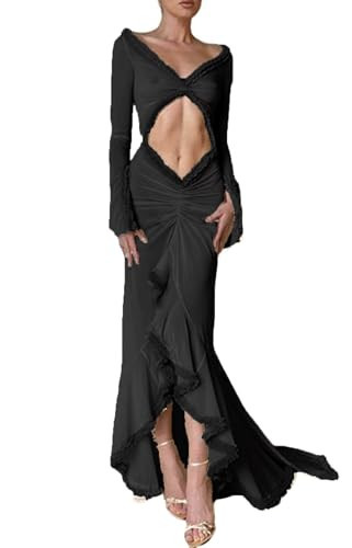 NUFIWI Women Sexy Mesh Sheer Gown Maxi Dress Frill Hem See Through Cutout Bodycon Long Dress Cover Up Beach Sundress (Black, M) | Amazon (US)