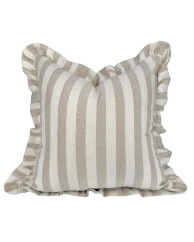 Jillien Harbor The Margot Ruffled Pillow Cover 18x18 – Beige and White Striped Throw Pillow Cover with Ruffle Edge, Double-Sided, Farmhouse Grandmillennial Accent Pillowcase for Couch, Bed, Chair | Amazon (US)