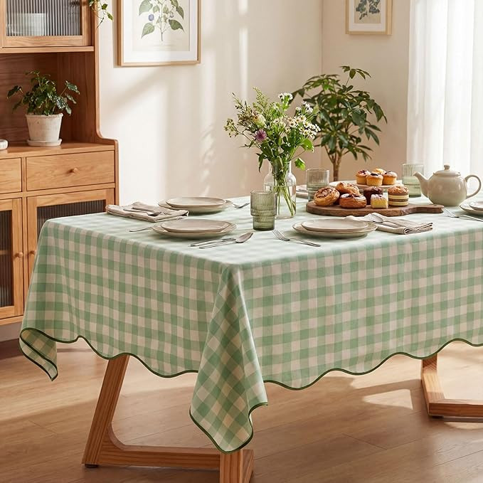 Green Gingham Tablecloth 84 x 60 Inch Reusable Plaid Table Cloth Scalloped Waterproof Wrinkle Fre... | Amazon (US)