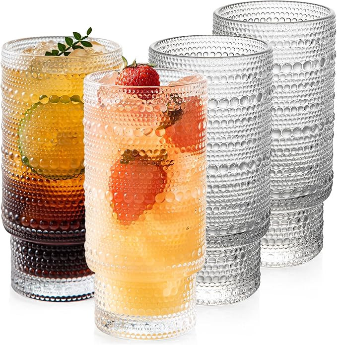 4 Pack Vintage Glassware Drinking Glasses Set, 16 oz Hobnail Glassware, Embossed Clear Water Tumb... | Amazon (US)