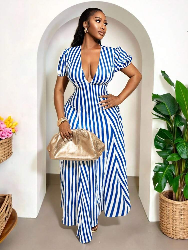 BamGleam V-Neck Short Sleeve Striped Print A-Line Long Dress, Elegant Design Suitable For Birthda... | SHEIN