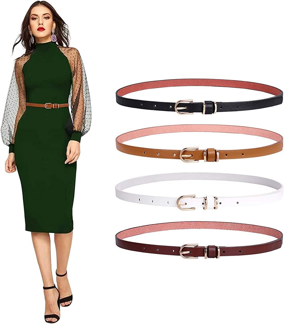 Set of 4 Womens Thin Belts SANSTHS Skinny Leather Belt with Gold Alloy Buckle | Amazon (US)