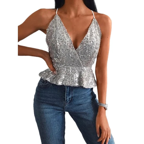 Womens Strappy V Neck Sequin Backless Zip Shirts | Walmart (US)