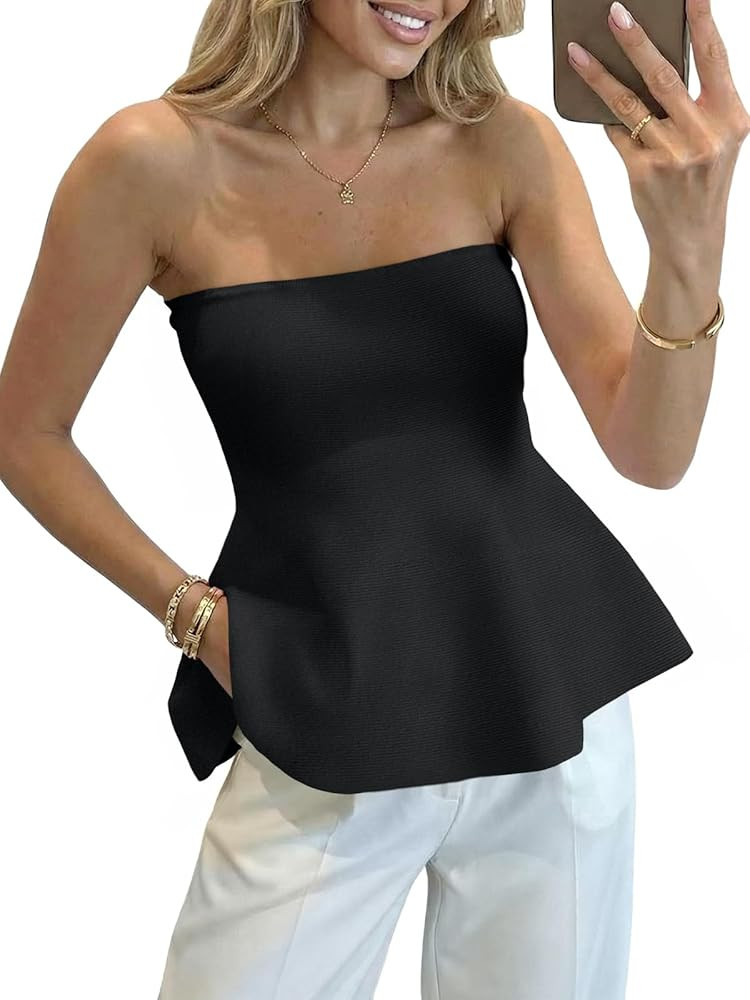 Saodimallsu Womens Peplum Tube Tops Sleeveless Strapless Bandeau Tank Top 2026 Summer Cute Ruffle... | Amazon (US)