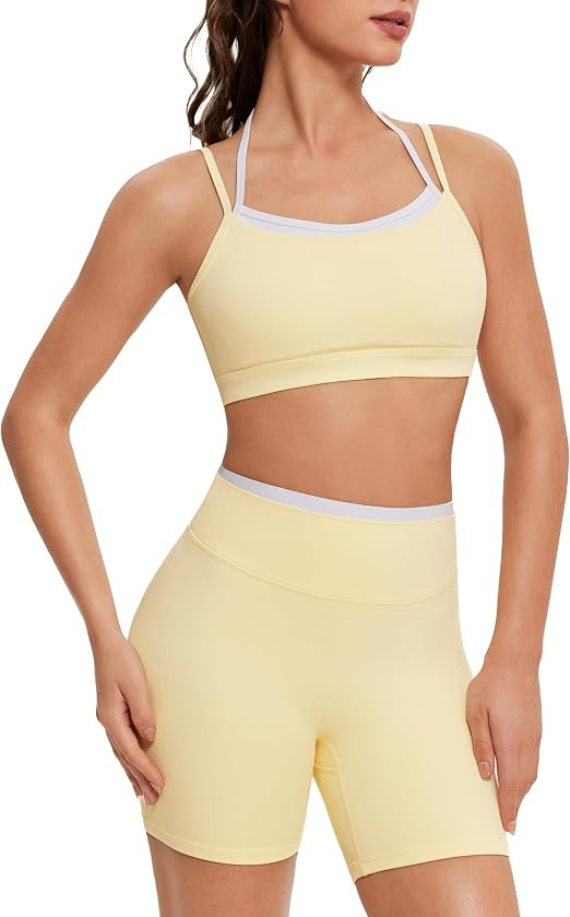 OMKAGI Workout Sets for Women Cute Doubel Layer Open Back Sports Bras Gym Shorts Outfits | Amazon (US)