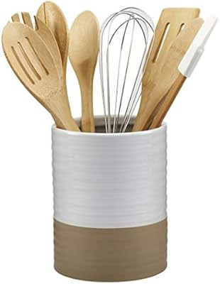 Basic Essentials Farmhouse Kitchen Crock with Utensil Sets- Ceramic Holder Bamboo Tools Stainless... | Amazon (US)