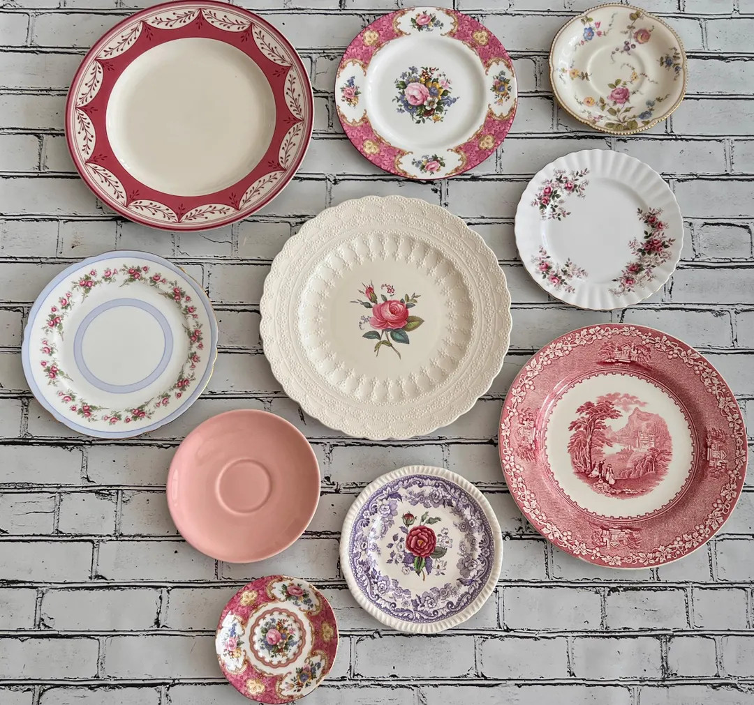 Vintage Floral Wall Plate Collection, Mismatched Pink Shabby Chic Wall Decor- Set of 10 | Etsy (US)