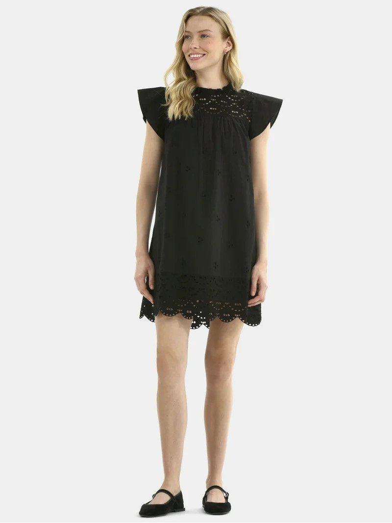 Time and Tru Women's Eyelet Mini Dress with Flutter Sleeves, Sizes XS-XXXL | Walmart (US)