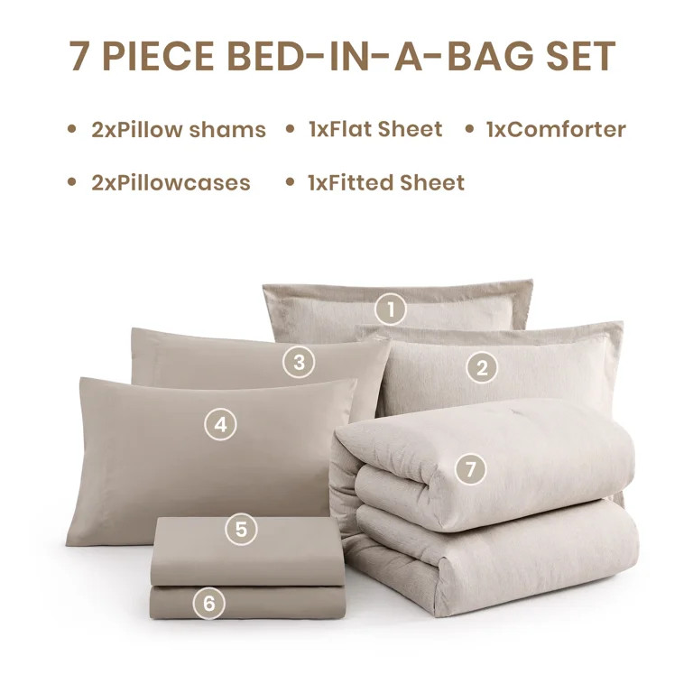 Amberspace Cationic Dyeing 7-piece Bed in a Bag Comforter Set with Sheets,Oatmeal Beige,Queen | Walmart (US)
