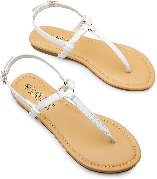 SANDALUP Thong Flat Sandals with Ring Metal and Adjustable Ankle Buckle for Women Summer | Amazon (US)