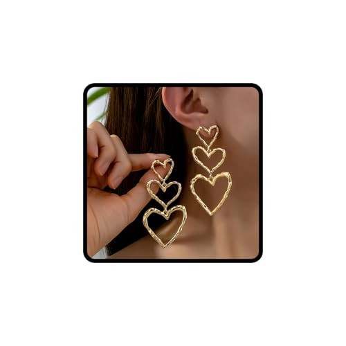 Gold Heart Earrings for Women Trendy Gold Large Heart Drop Earrings Triple Layered Heart-Shaped Dangle Ear-rings Wedding Party Prom Jewelry Gifts for Her | Amazon (US)