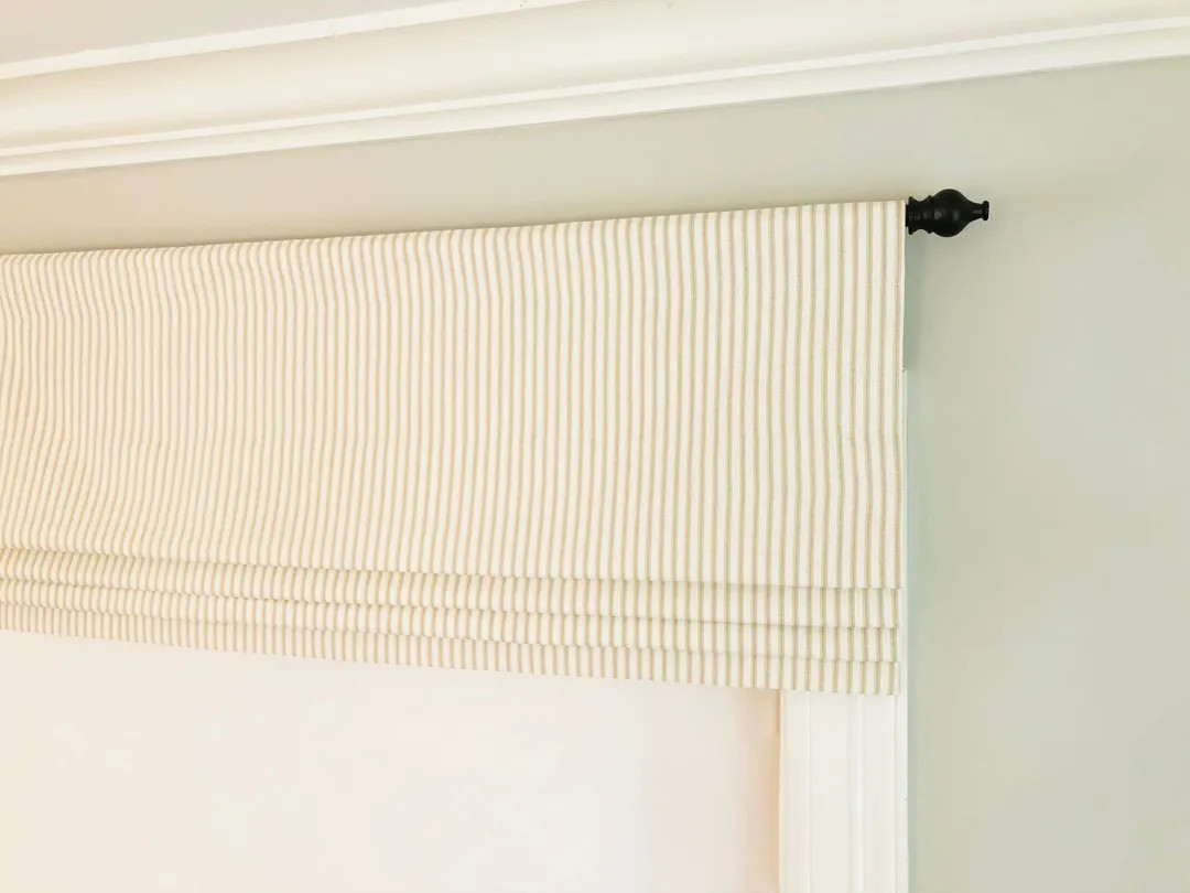 Faux fake Flat Roman Shade Valance. Magnolia Home Fashions Berling Ticking Stripe Sand. Ivory and... | Etsy (US)