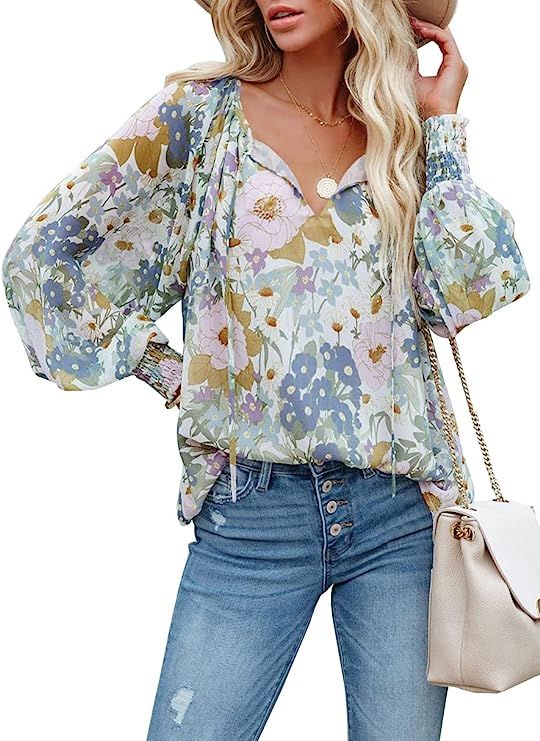 miduo Womens Blouses Long Sleeve V Neck Floral Printed Loose Casual Blouses Tops and Shirts | Amazon (US)