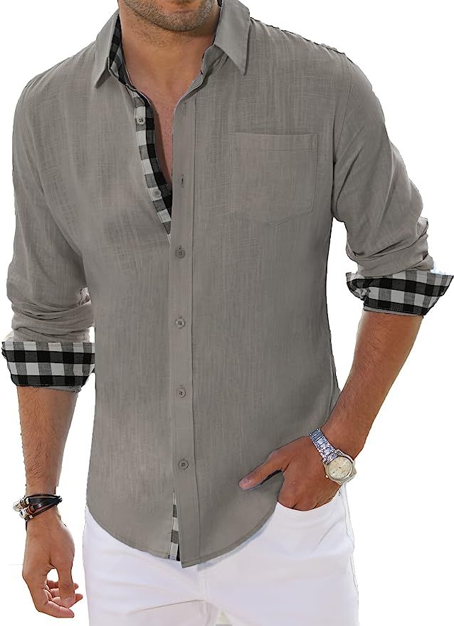 COOFANDY Men's Casual Linen Dress Shirt Plaid Collar Long Sleeve Button Down Shirt | Amazon (US)