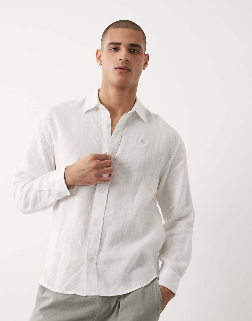 Abercrombie & Fitch 100% linen icon logo long sleeve shirt in white | ASOS (Global)
