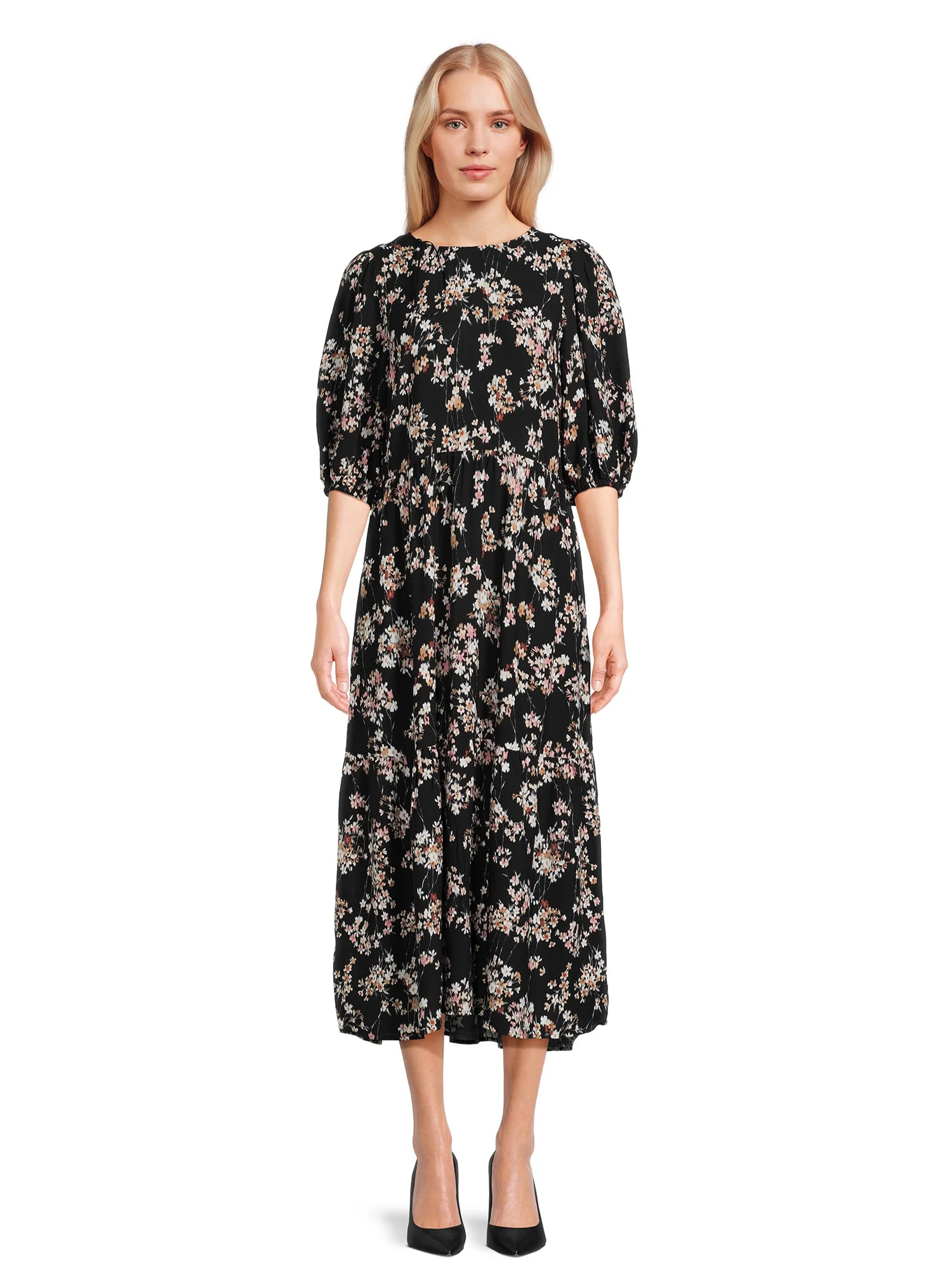 Time and Tru Women's Tie-Back Midi Dress with Elbow Length Sleeves, Sizes XS-XXXL | Walmart (US)