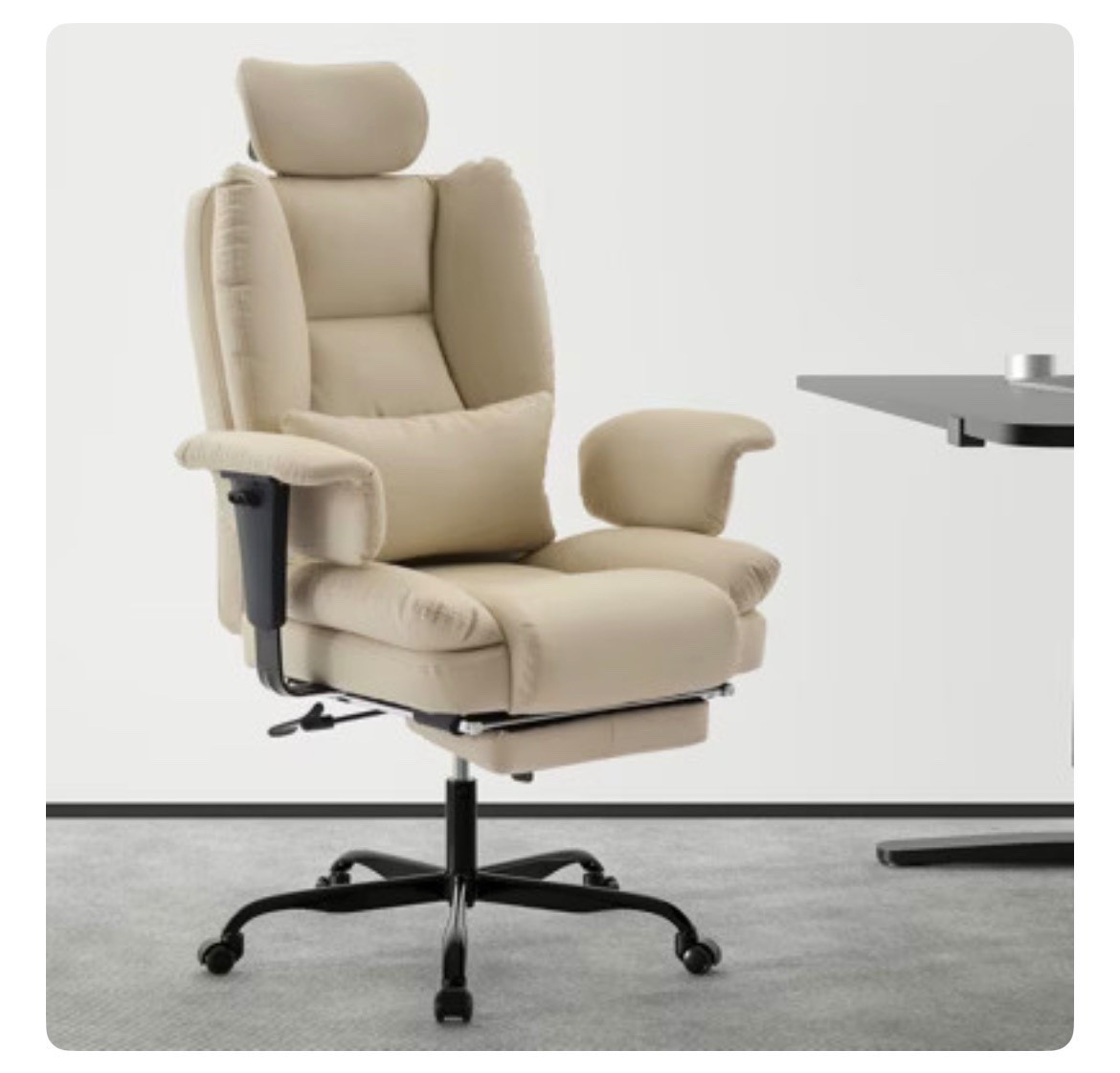 This high-back office chair is all about comfort and support for long workdays. The padded design, headrest, and lumbar support make it perfect for staying productive without sacrificing comfort. The neutral beige color keeps your workspace looking clean and elevated. A great upgrade for any home office setup. 