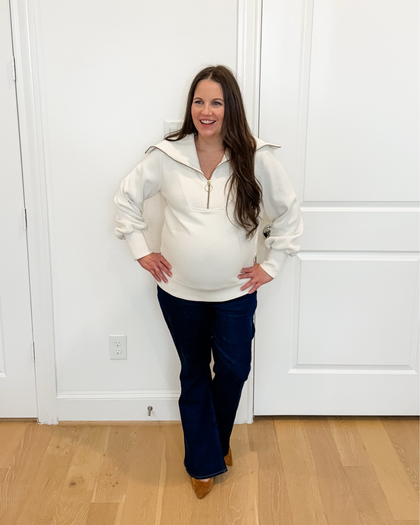 Bump-Friendly Winter Style

Loving this bump-friendly winter outfit for days when I want to feel put together. The half-zip pullover with an oversized collar is cozy yet elevated, paired with dark blue bootcut flared jeans that truly live up to the best maternity jeans title. Add brown heels and you’ve got a chic pregnancy outfit that works perfectly as a dressy casual outfit for winter.


#LTKBump #LTKPetite #LTKSeasonal