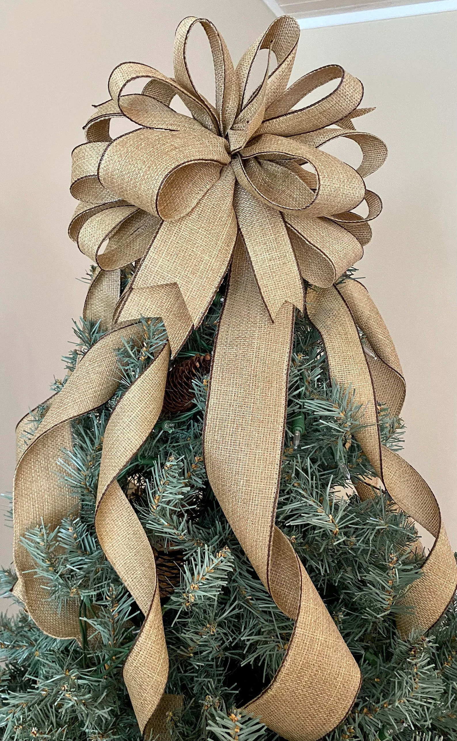 Christmas tree topper bow, linen burlap, brown edges, handmade bow, Christmas decorations | Etsy (US)