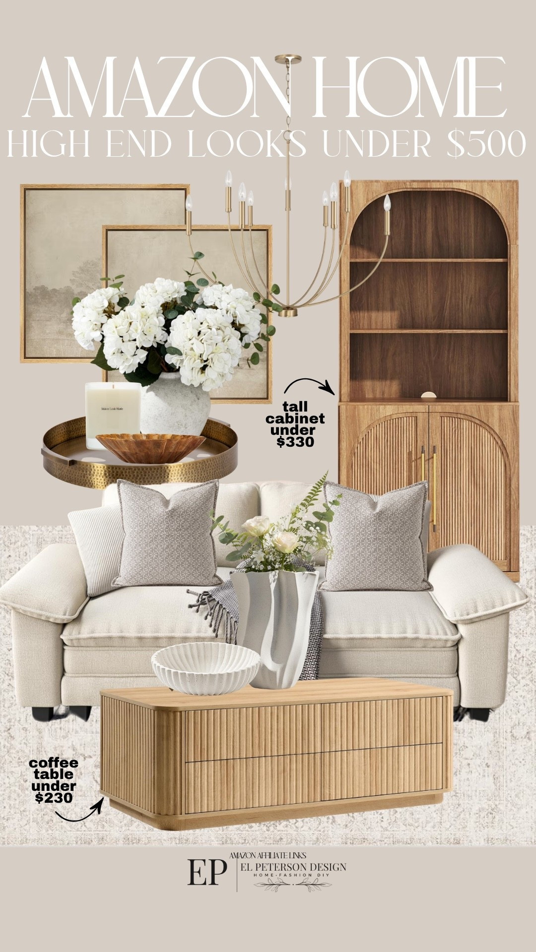 Amazon 
Accent cabinet
Vase
Stems
Rug
Coffee table
Loveseat
Tray
Chandelier 
Pillow 
Candle
