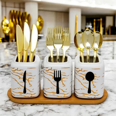 Ceramic Silverware Caddy For Countertop, 3 Pieces White Utensil Holder For Kitchen And Party, Cutlery Organizer For Spoon Fork And Knife | Wayfair North America