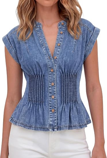 Denim Vest Tops for Women Y2k Pleated Button Down Jean Vests Shirts | Amazon (US)