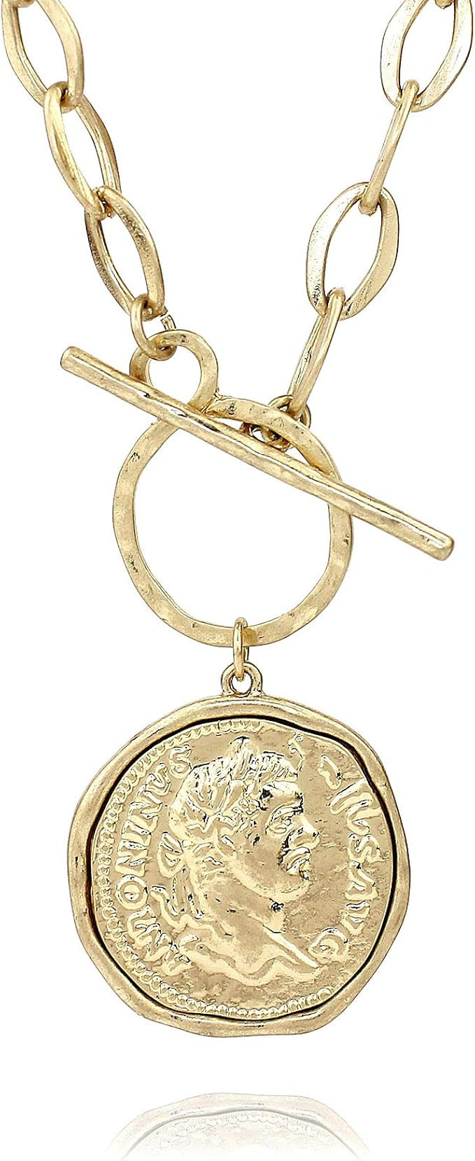 POMINA Antique Gold Trendy Fashion Statement Chunky Coin Necklace Link Thick Chain Medallion Roma... | Amazon (US)