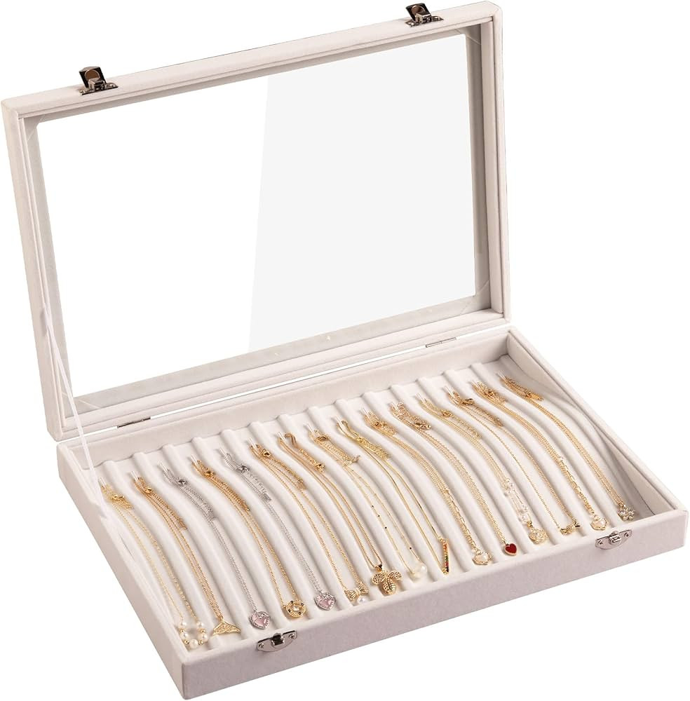 Frebeauty 15 Hooks Necklace Tray Velvet Neckalce Organizer with Clear Lid Lockable Necklace Holde... | Amazon (US)