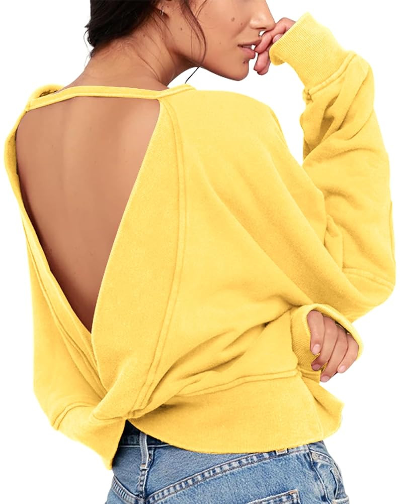 ReachMe Womens Open Back Sweatshirts Crop Backless Long Sleeve Shirts Off the Shoulder Crewneck W... | Amazon (US)
