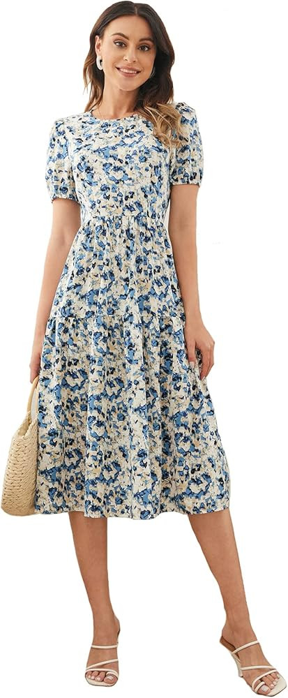 SheIn Women's Allover Print Round Neck Midi Dress Puff Short Sleeve High Waist Flowy Dresses | Amazon (US)