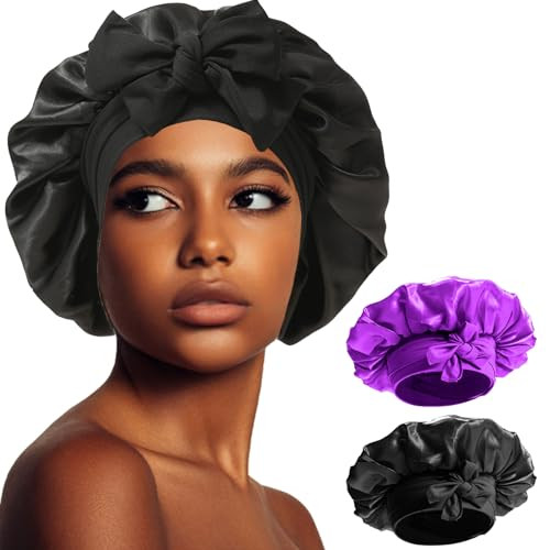 Women Satin Silk Bonnet - Bonnets for Black Women Medium Satin Bonnets for Braids Sleeping - Black Women Satin Silk Bonnet with Stretchy Tie Band (Black & Purple) | Amazon (US)