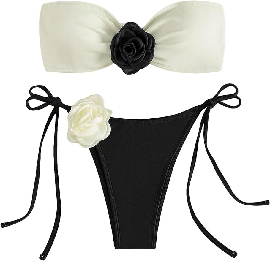 GORGLITTER Women's 2 Piece 3D Floral Strapless Swimsuit Bandeau String Thong Bikini Set Bathing S... | Amazon (US)