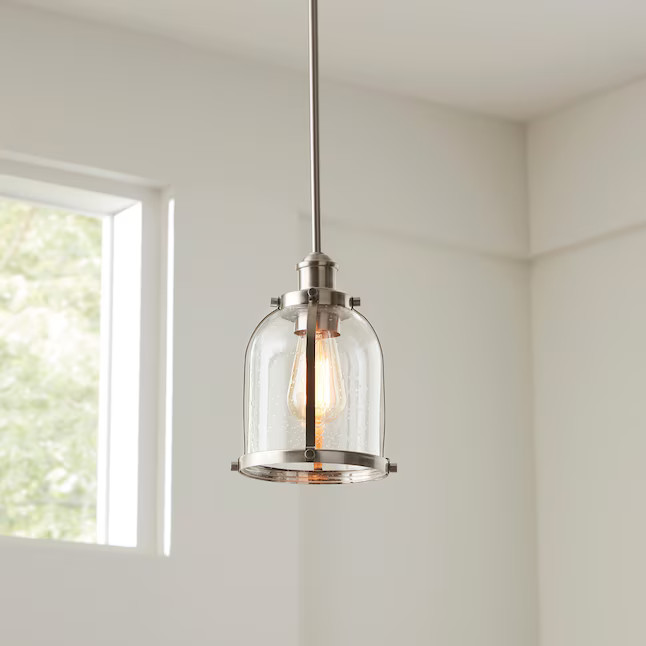 allen + roth Freeport Brushed Nickel Coastal Seeded Glass Cone Led, Mini Hanging Pendant Light | Lowe's