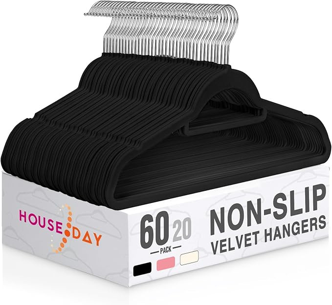HOUSE DAY Velvet Hangers 60 Pack, Non-Slip Hangers with Tie Bar, Premium Clothes Hangers Slim Fel... | Amazon (US)