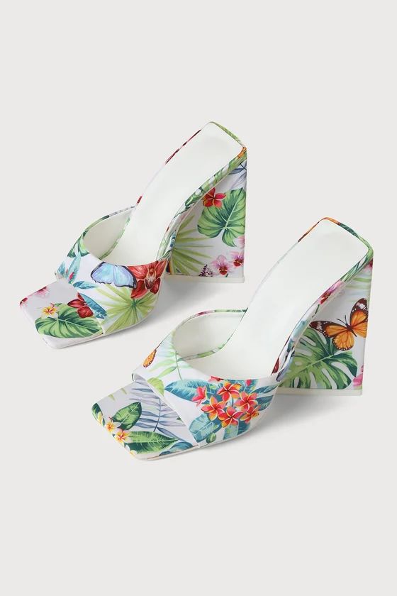 Zya White Tropical Floral Square-Toe High Heel Sandals | Lulus (US)
