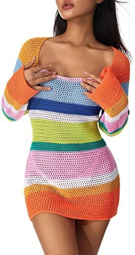 Women Y2k Long Sleeve Knit Crop Top Casual Color Block Crochet Cropped Sweater Tops Square Neck K... | Amazon (US)