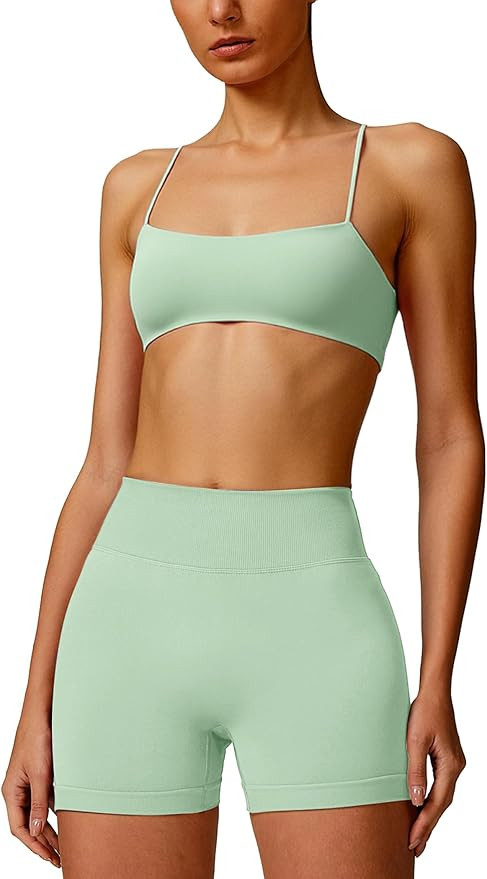 Workout Sets for Women 2 Piece:Spaghetti Straps BacklessTop Bra and Anti-Squat Shorts for Yoga | Amazon (US)