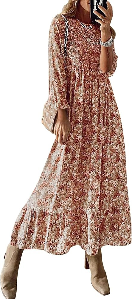 miduo Womens Smocked Crewneck Long Sleeve High Waist Floral Maxi Long Floor Length Dresses | Amazon (US)