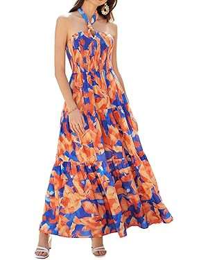 GRACE KARIN Women's Summer Dresses 2025 Halter Neck Sleeveless Smocked Backless Cut Out Floral Fl... | Amazon (US)