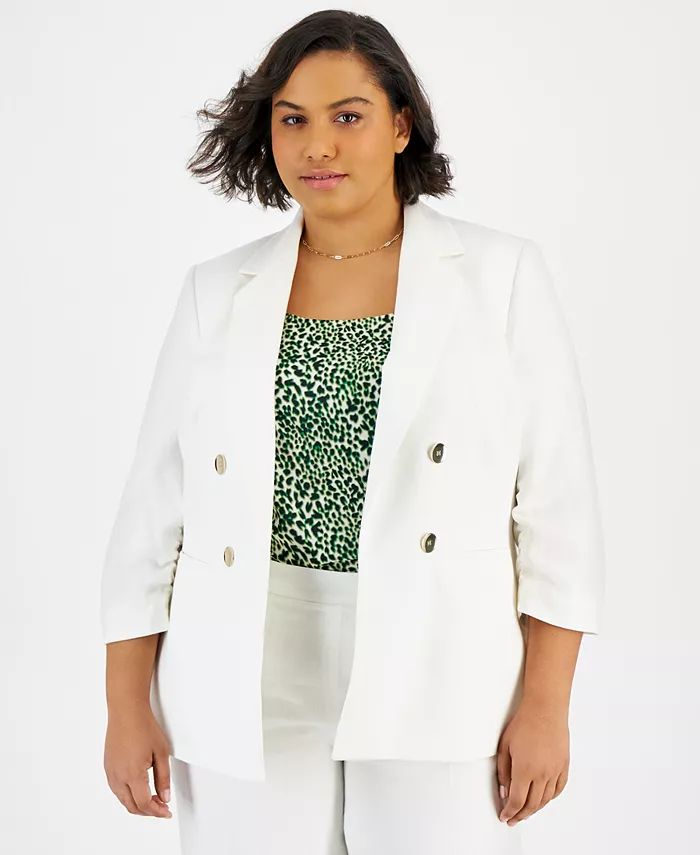 Plus Size Scrunch-Sleeve Linen-Blend Open-Front Blazer, Created for Macy's | Macy's