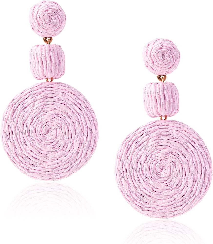 Boho Raffia Ball Earrings for Women, Statement Raffia Round Drop Earrings - Summer Beach Vacation... | Amazon (US)
