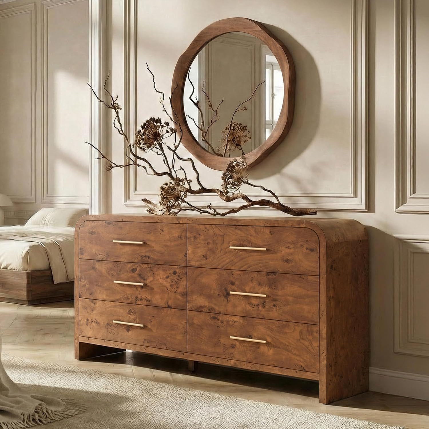 Curved 6-Drawer Dresser for Bedroom, 54" Wide Modern Chest of Drawers, Vanity Desk TV Stand for Living Room, Closet Storage Drawers Organizer Furniture, Nursery, Dark Burl | Amazon (US)